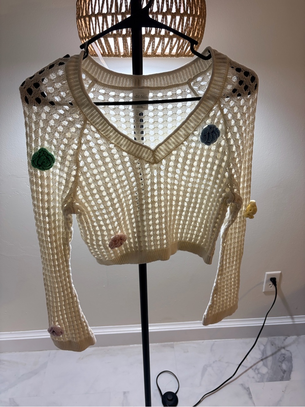 wild fable Cream Open-Knit V-Neck Sweater with Multi-Color Floral Appliqués